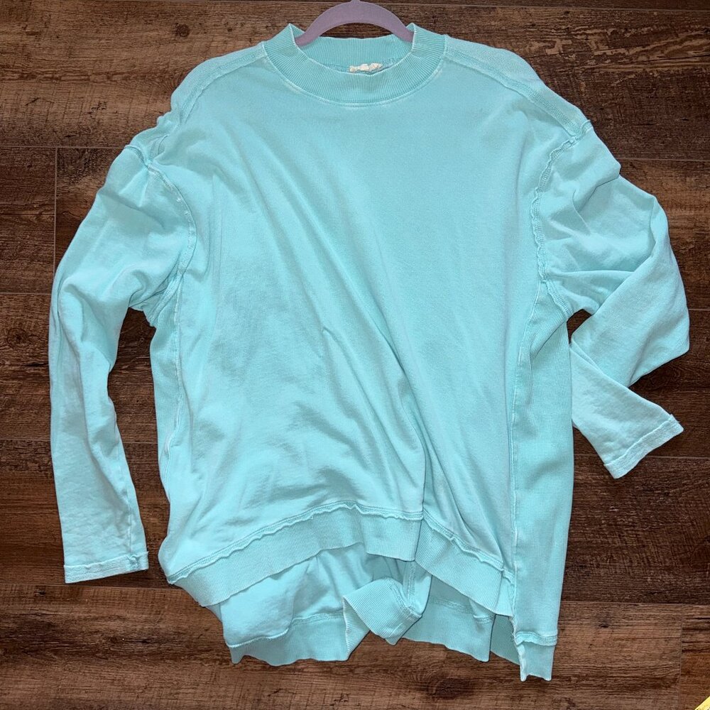 Easel Oversized Mineral Wash Turquoise Pullover Small Hi Low Hem